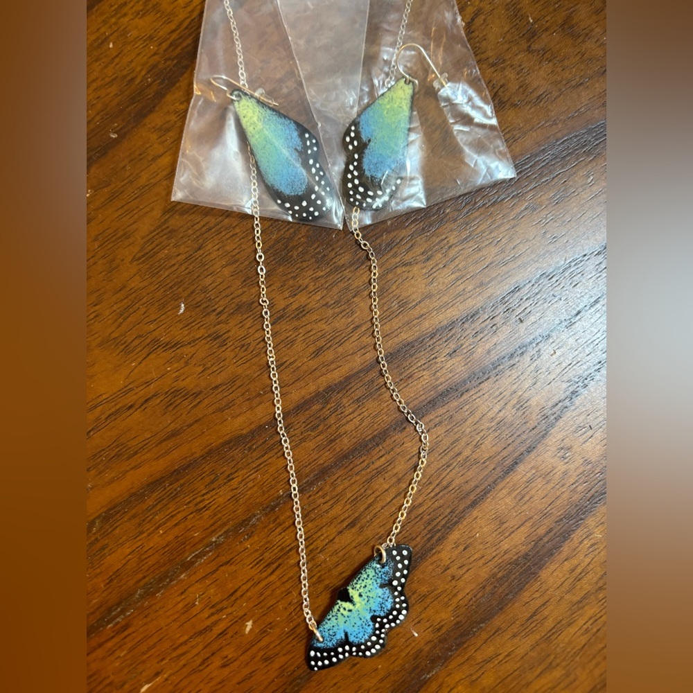 Green and Blue Butterfly Necklace with Delicate Chain